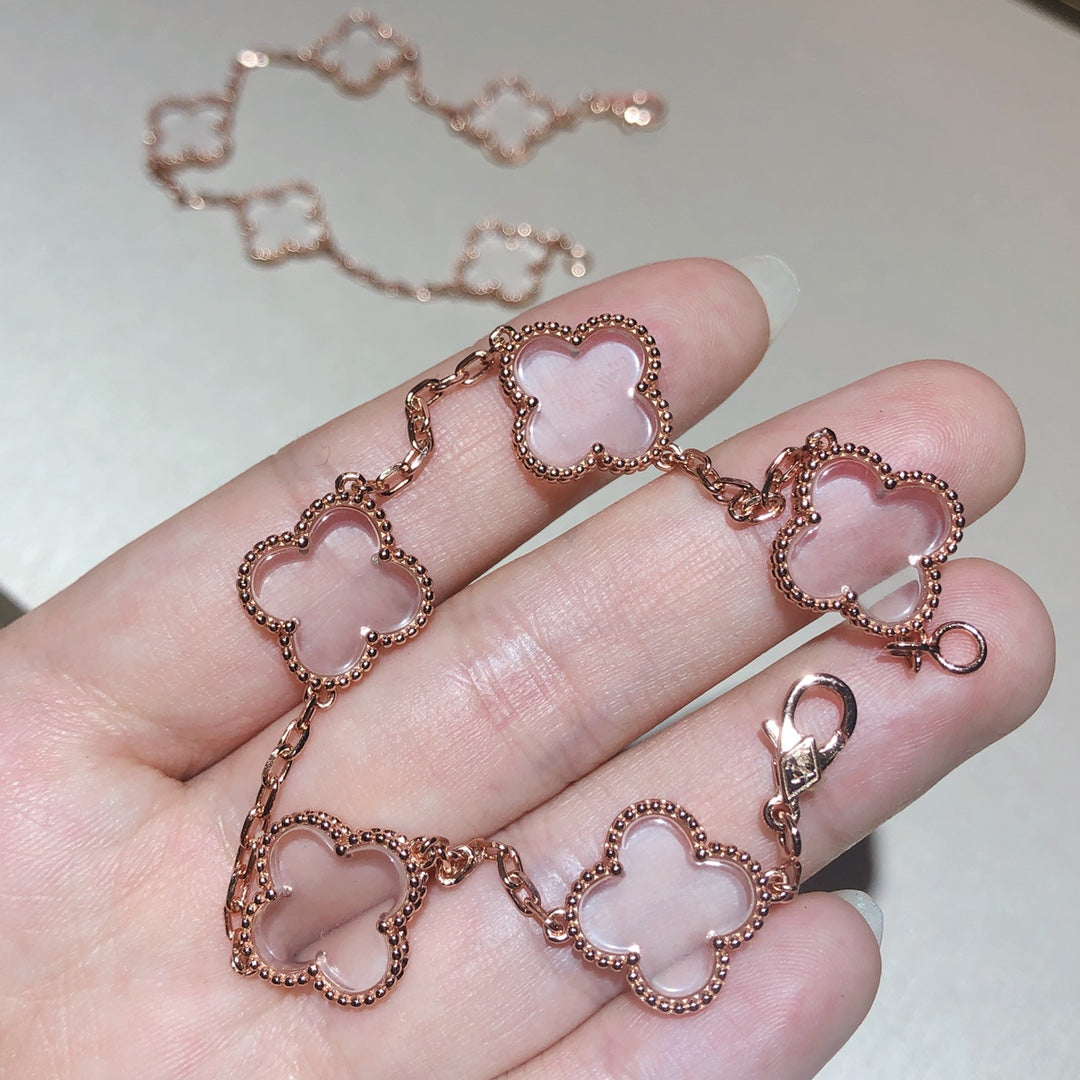 [BloomBling]CLOVER 5 MOTIF ROCK CRYSTAL PINK GOLD BRACELET