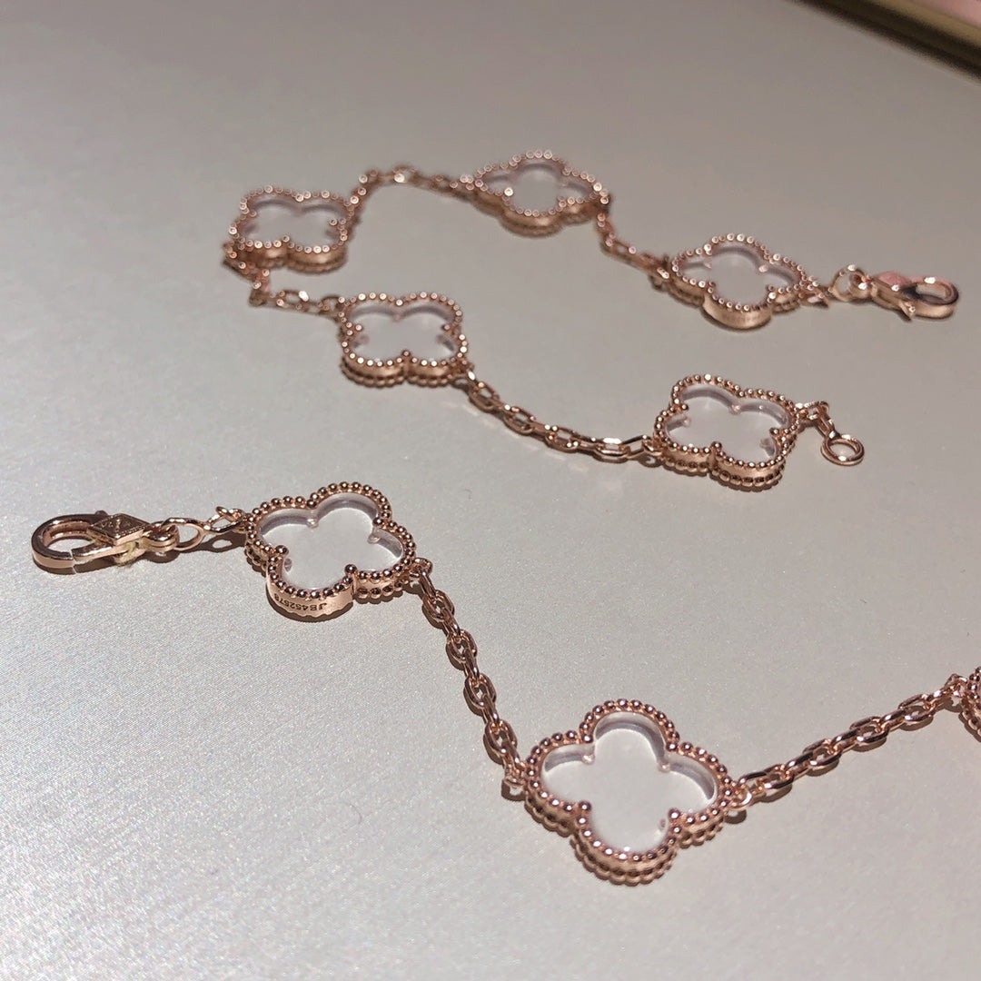 [BloomBling]CLOVER 5 MOTIF ROCK CRYSTAL PINK GOLD BRACELET