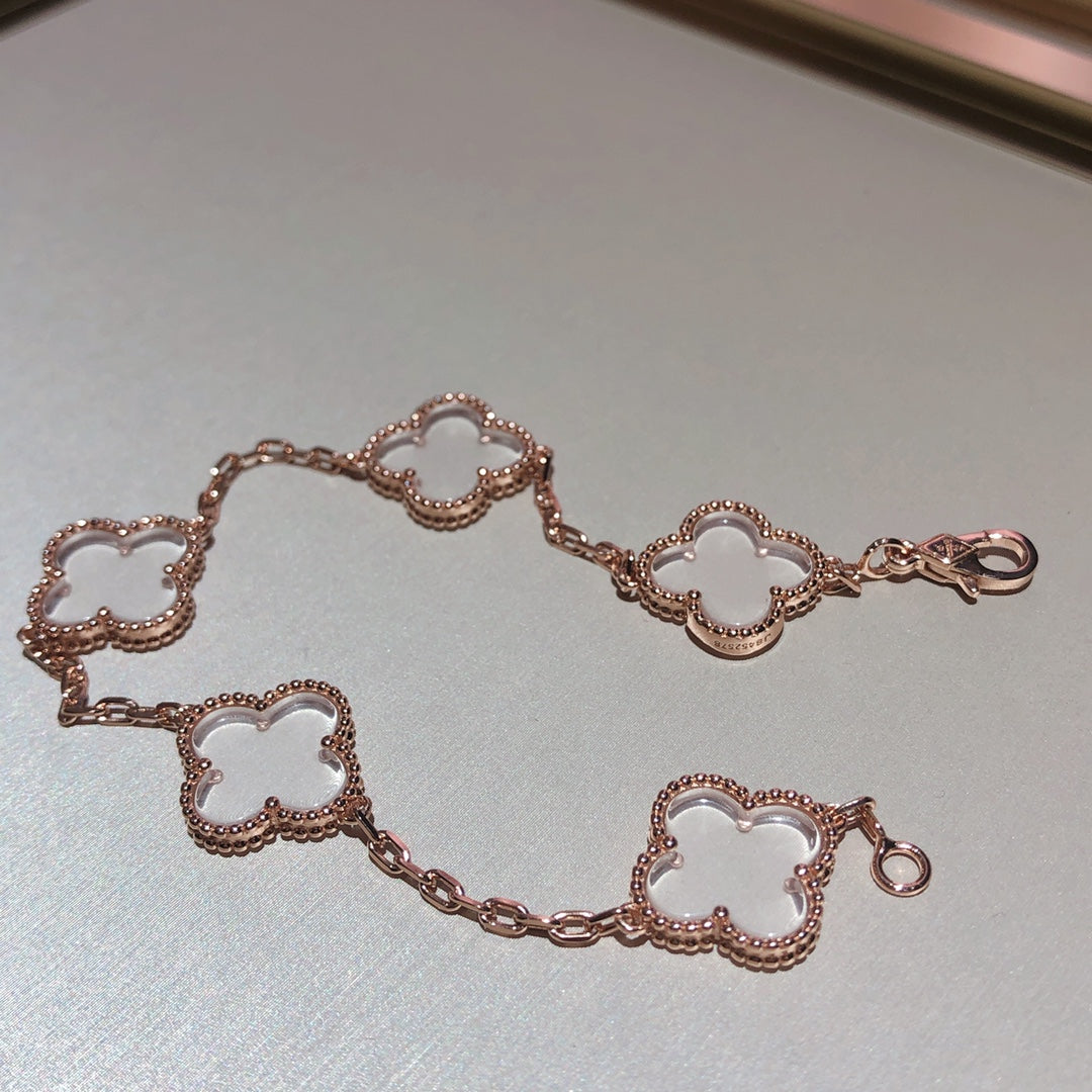[BloomBling]CLOVER 5 MOTIF ROCK CRYSTAL PINK GOLD BRACELET