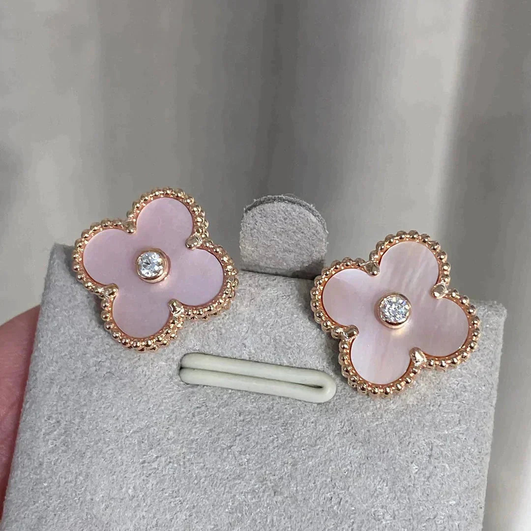 [BloomBling]CLOVER MEDIUM 1 MOTIFS  PINK MOP DIAMOND EARRINGS