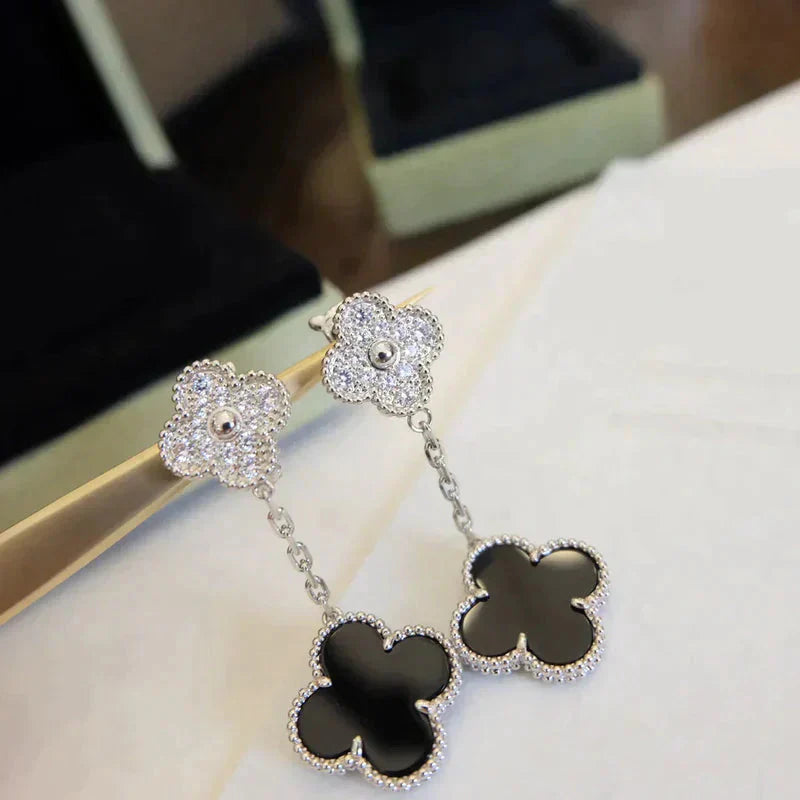 [BloomBling]CLOVER 2 MOTIFS  DIAMOND ONYX EARRINGS SILVER