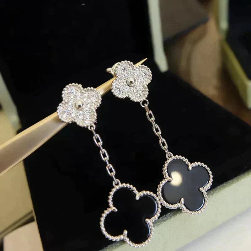 [BloomBling]CLOVER 2 MOTIFS  DIAMOND ONYX EARRINGS SILVER