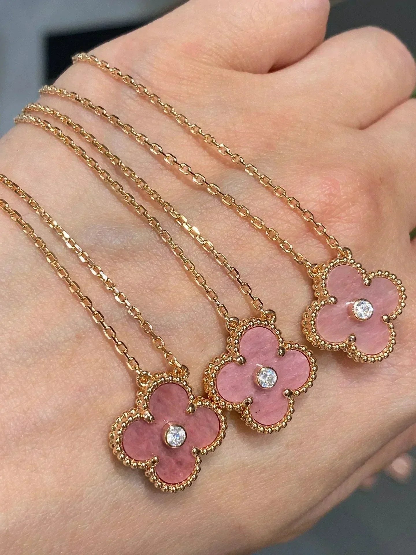 [BloomBling]CLOVER 15MM DIAMOND RHODONITE NECKLACE
