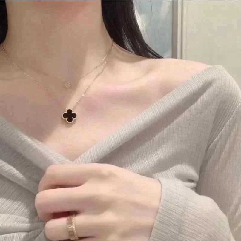 [BloomBling]CLOVER 15MM BLACK ONYX SINGLE FLOWER NECKLACE