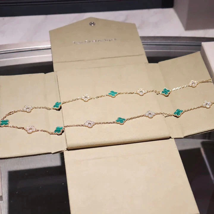 [BloomBling]CLOVER 20 MOTIFS MALACHITE DIAMOND NECKLACE