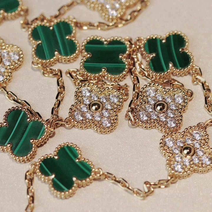 [BloomBling]CLOVER 20 MOTIFS MALACHITE DIAMOND NECKLACE