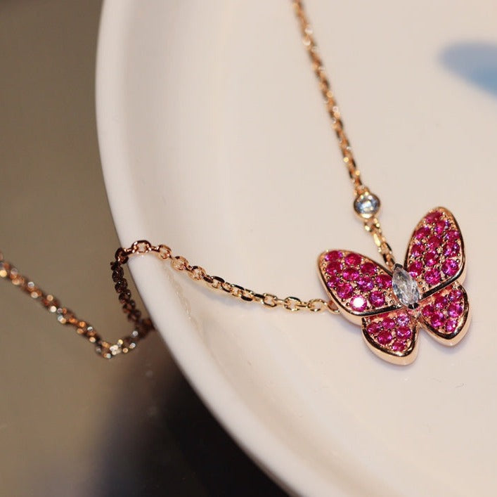 [BloomBling]BUTTERFLY RED DIAMOND ROSE GOLD NECKLACE