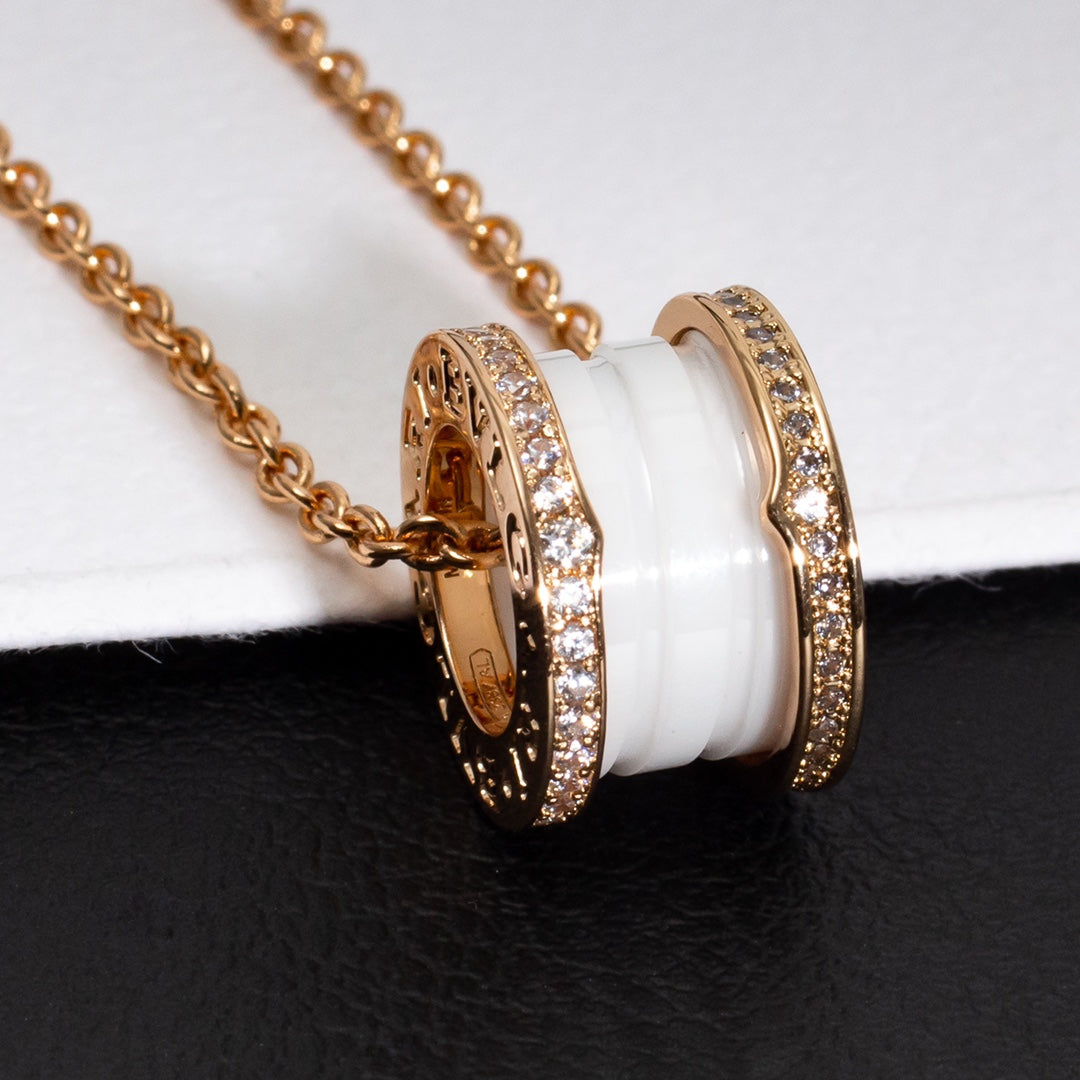 [BloomBling]ZERO 1 WHITE CERAMIC PINK GOLD DIAMOND NECKLACE