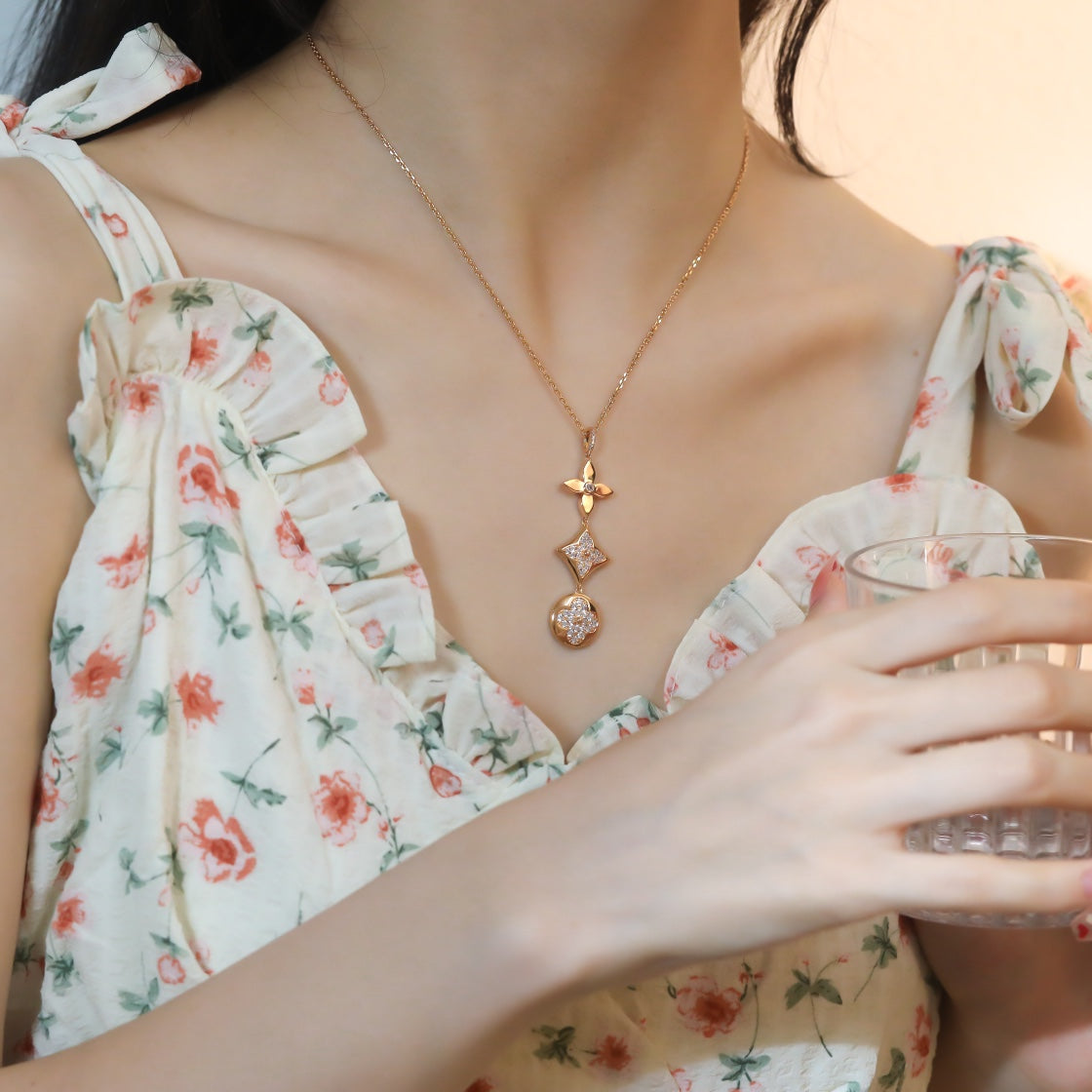 [BloomBling]STAR AND SUN DIAMOND PINK GOLD NECKLACE