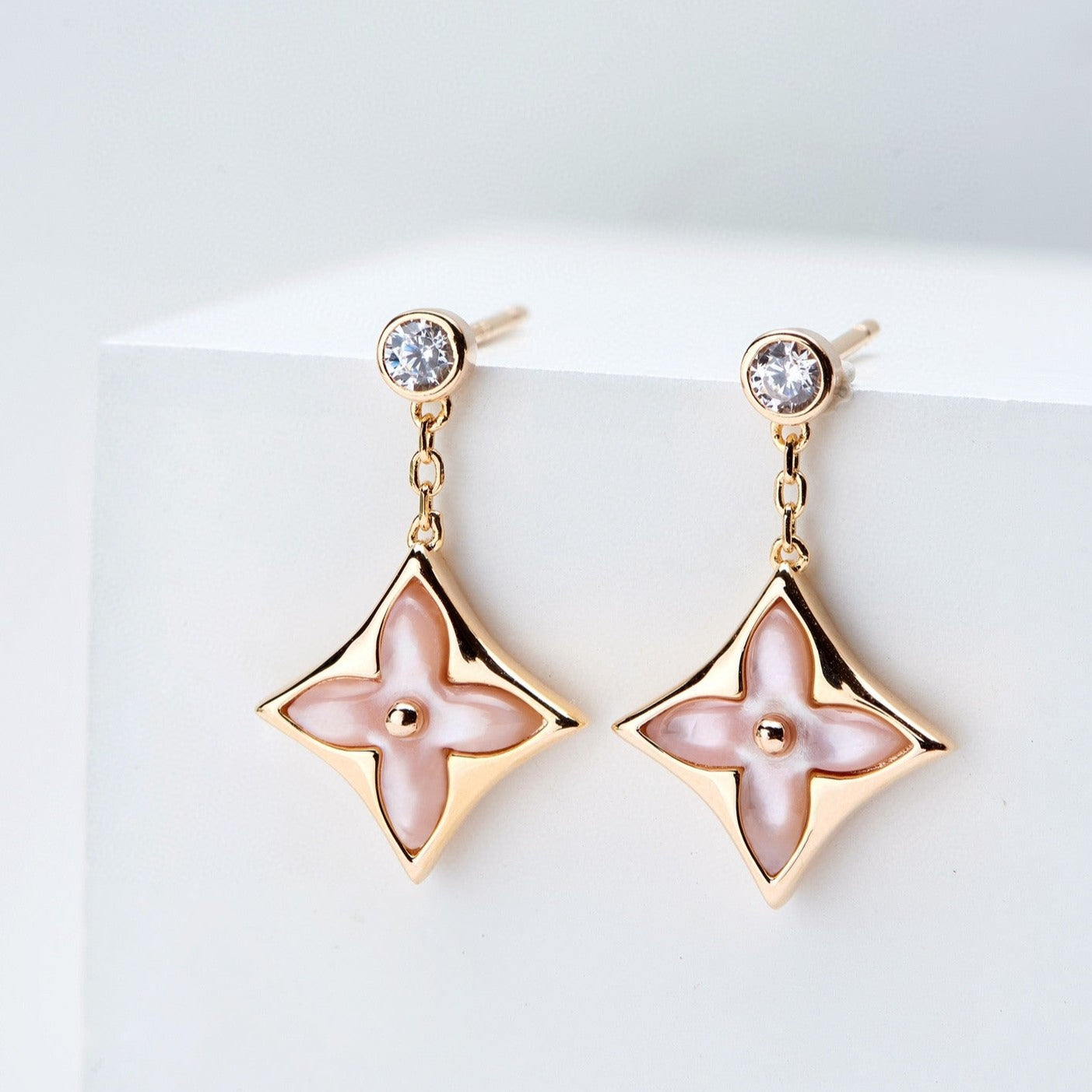 [BloomBling]DOUBLE STAR PINK GOLD MOP DROP EARRINGS