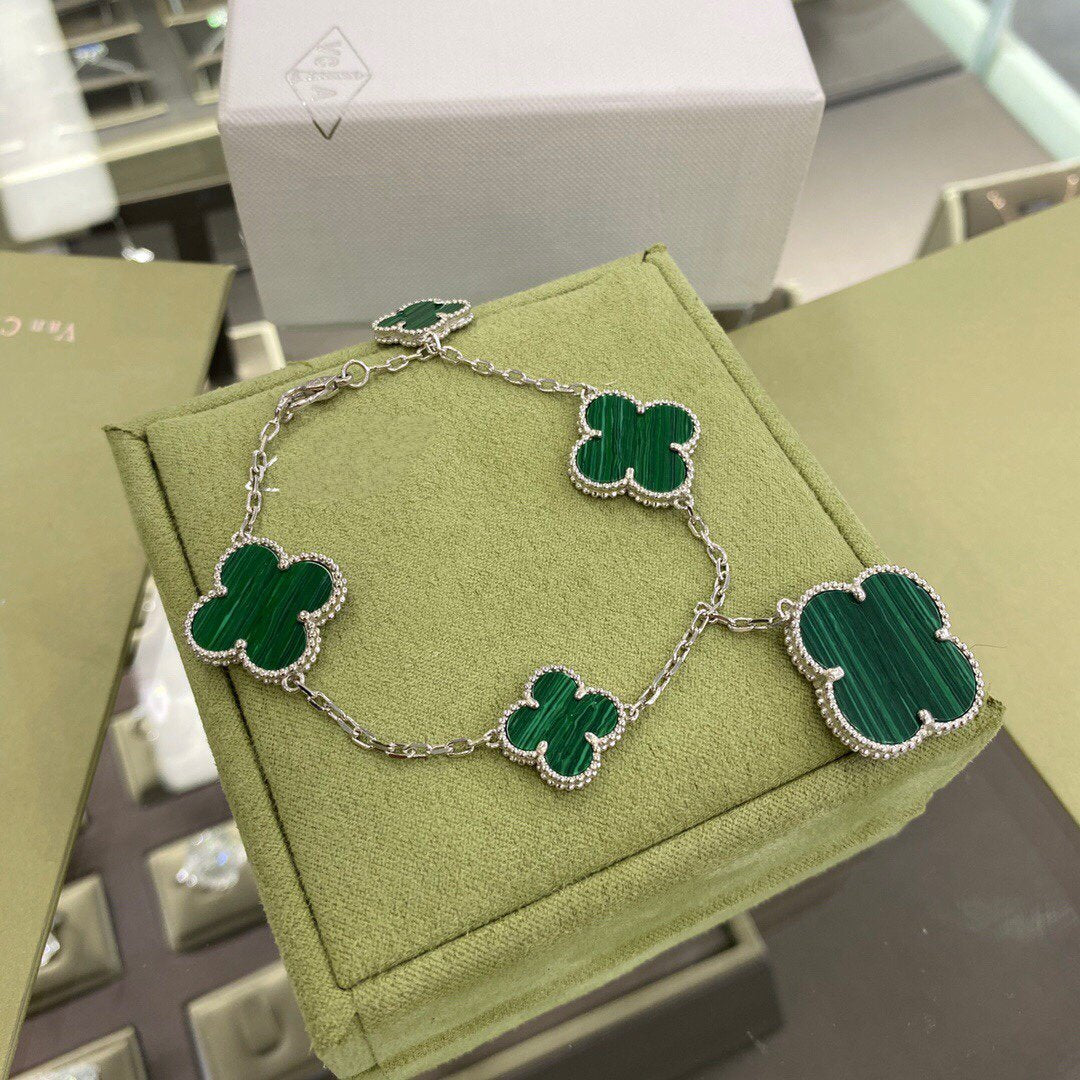 [BloomBling]CLOVER 5 MOTIFS SIVLER MALACHITE BRACELET
