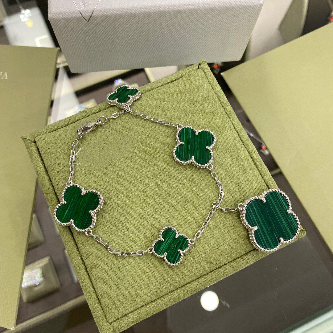 [BloomBling]CLOVER 5 MOTIFS SIVLER MALACHITE BRACELET