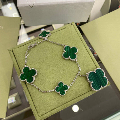 [BloomBling]CLOVER 5 MOTIFS SIVLER MALACHITE BRACELET