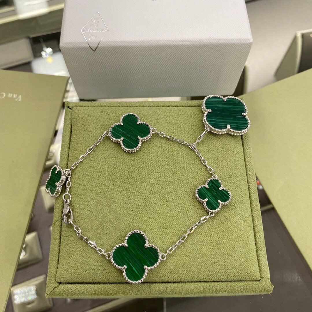 [BloomBling]CLOVER 5 MOTIFS SIVLER MALACHITE BRACELET