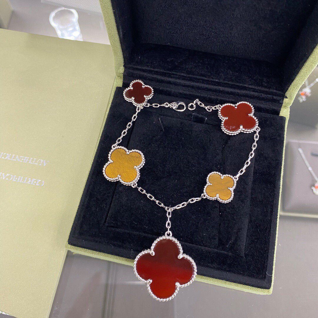 [BloomBling]CLOVER 5 MOTIFS SIVLER CARNELIAN TIGER EYE BRACELET