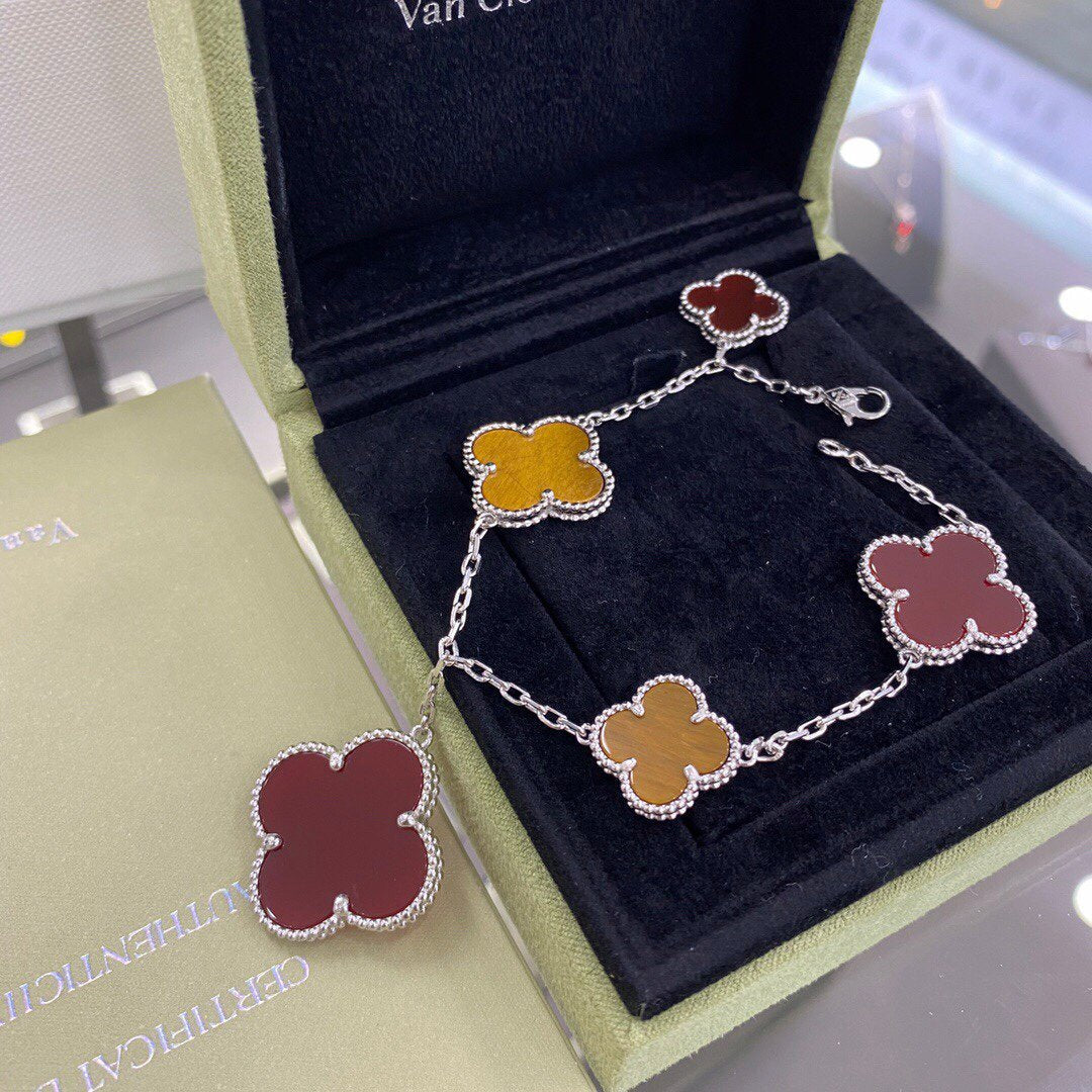 [BloomBling]CLOVER 5 MOTIFS SIVLER CARNELIAN TIGER EYE BRACELET