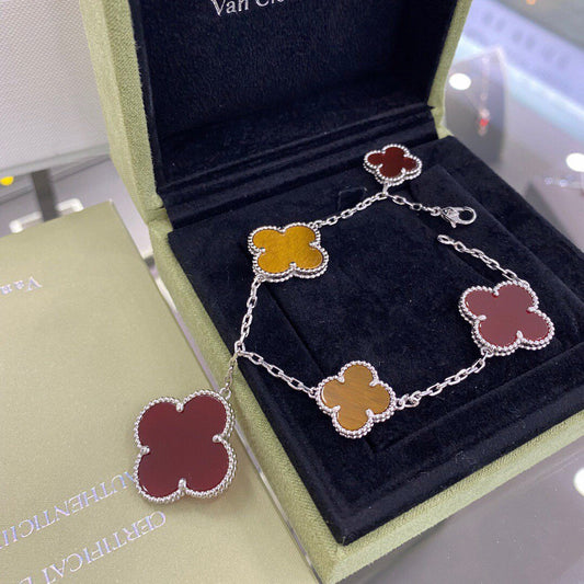 [BloomBling]CLOVER 5 MOTIFS SIVLER CARNELIAN TIGER EYE BRACELET