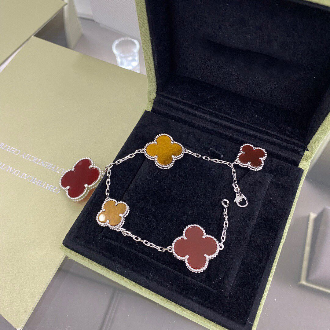 [BloomBling]CLOVER 5 MOTIFS SIVLER CARNELIAN TIGER EYE BRACELET