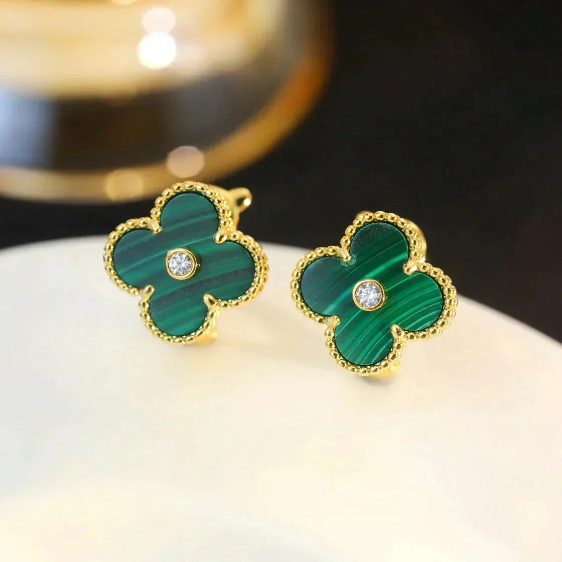 [BloomBling]CLOVER MEDIUM 1 MOTIFS MALACHITE DIAMOND EARRINGS