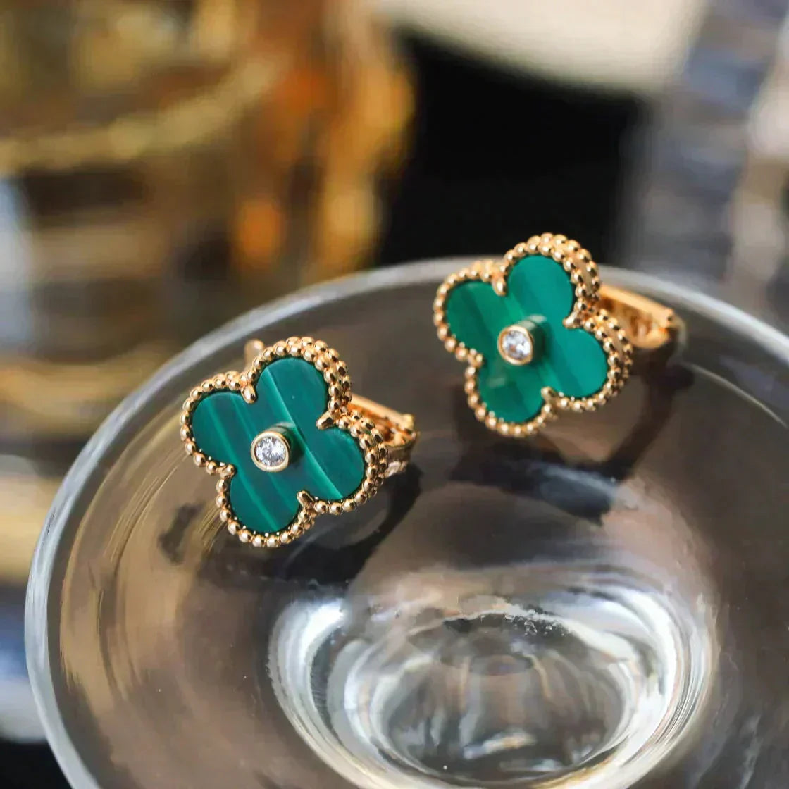 [BloomBling]CLOVER MEDIUM 1 MOTIFS MALACHITE DIAMOND EARRINGS