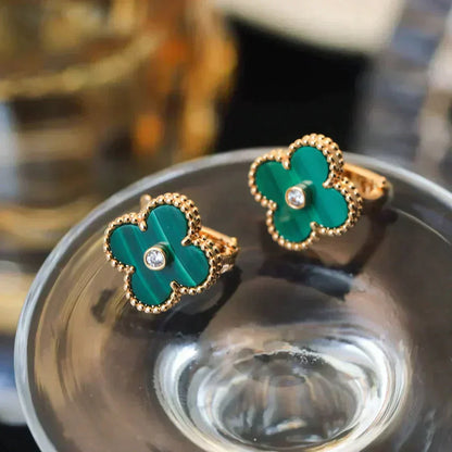 [BloomBling]CLOVER MEDIUM 1 MOTIFS MALACHITE DIAMOND EARRINGS