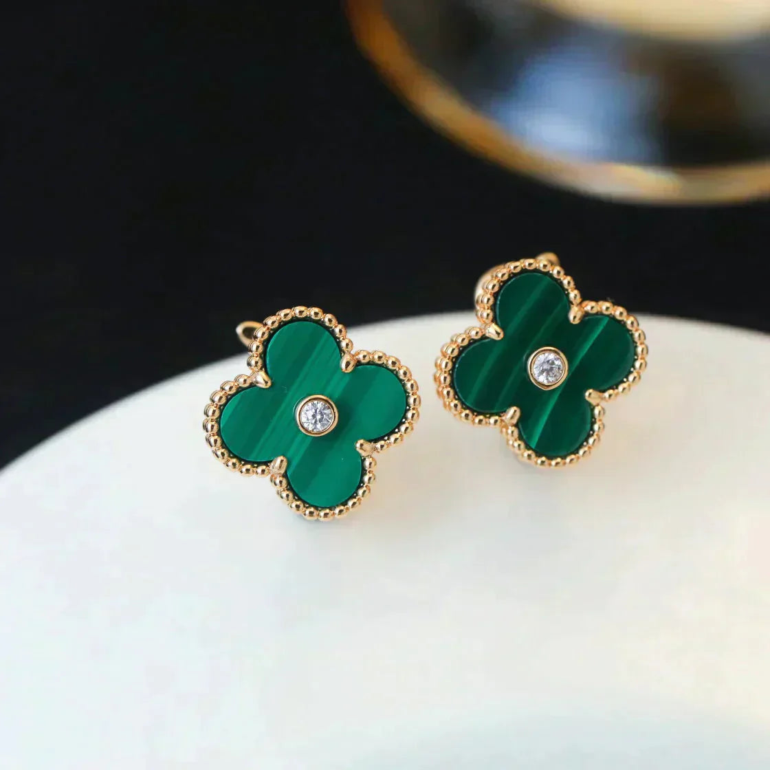 [BloomBling]CLOVER MEDIUM 1 MOTIFS MALACHITE DIAMOND EARRINGS