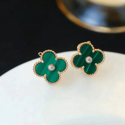 [BloomBling]CLOVER MEDIUM 1 MOTIFS MALACHITE DIAMOND EARRINGS