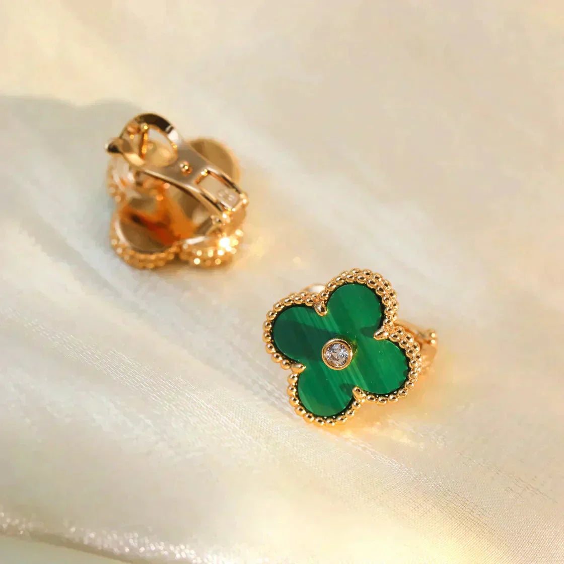 [BloomBling]CLOVER MEDIUM 1 MOTIFS MALACHITE DIAMOND EARRINGS