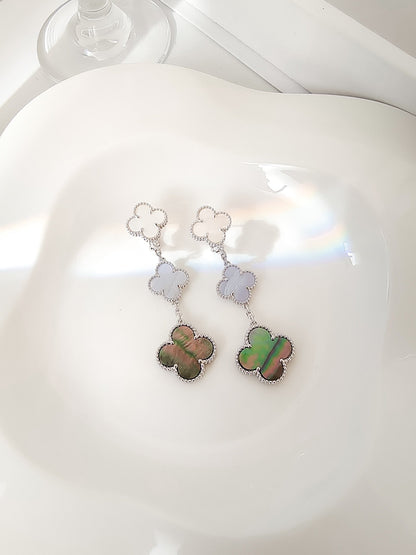 [BloomBling]CLOVER 3 MOTIFS CHALCEDONY DARK MOP SILVER EARRINGS