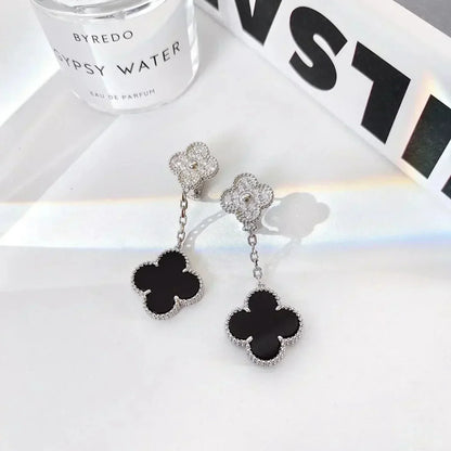 [BloomBling]CLOVER 2 MOTIFS  DIAMOND ONYX EARRINGS SILVER