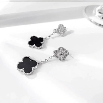 [BloomBling]CLOVER 2 MOTIFS  DIAMOND ONYX EARRINGS SILVER