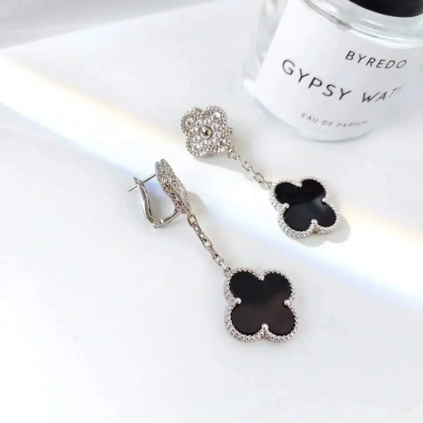 [BloomBling]CLOVER 2 MOTIFS  DIAMOND ONYX EARRINGS SILVER