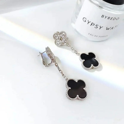 [BloomBling]CLOVER 2 MOTIFS  DIAMOND ONYX EARRINGS SILVER