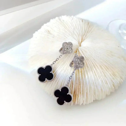 [BloomBling]CLOVER 2 MOTIFS  DIAMOND ONYX EARRINGS SILVER