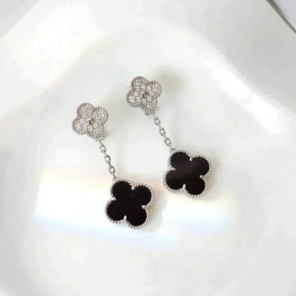 [BloomBling]CLOVER 2 MOTIFS  DIAMOND ONYX EARRINGS SILVER