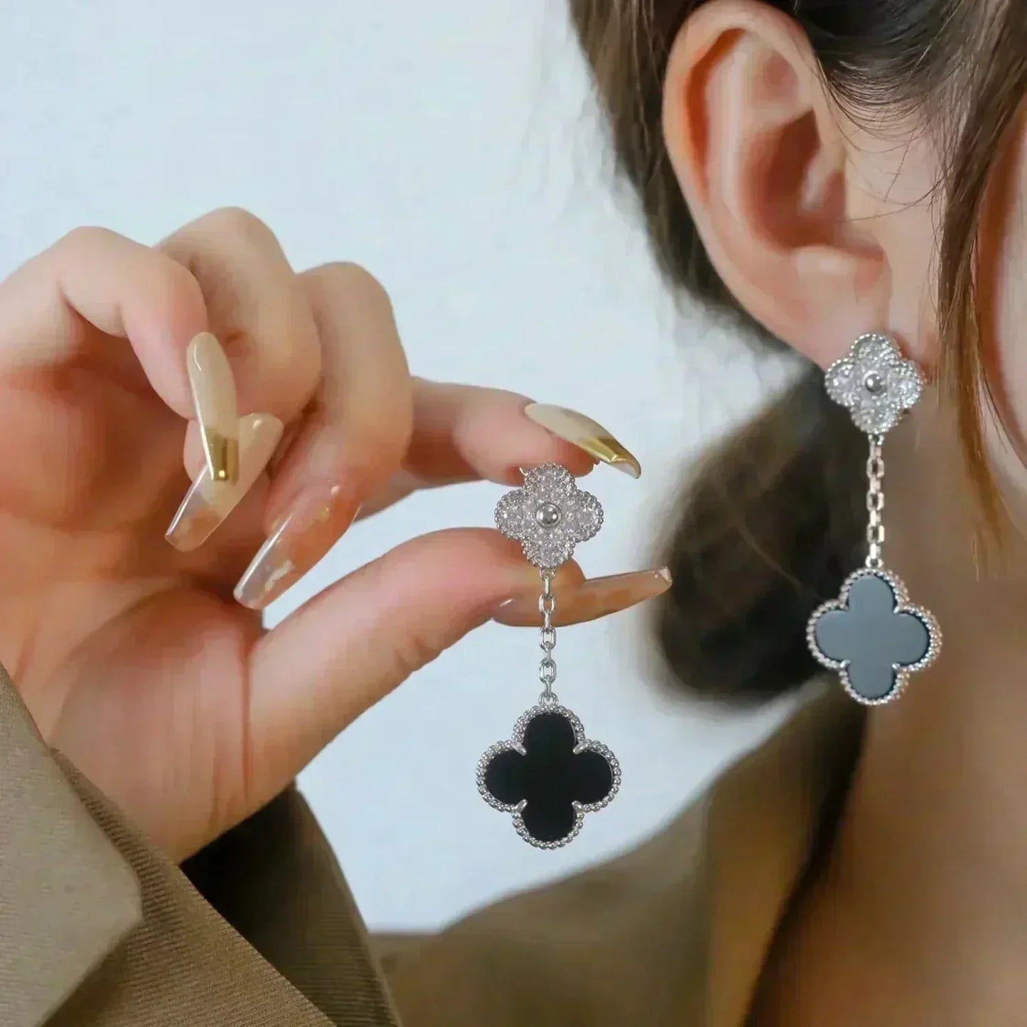 [BloomBling]CLOVER 2 MOTIFS  DIAMOND ONYX EARRINGS SILVER
