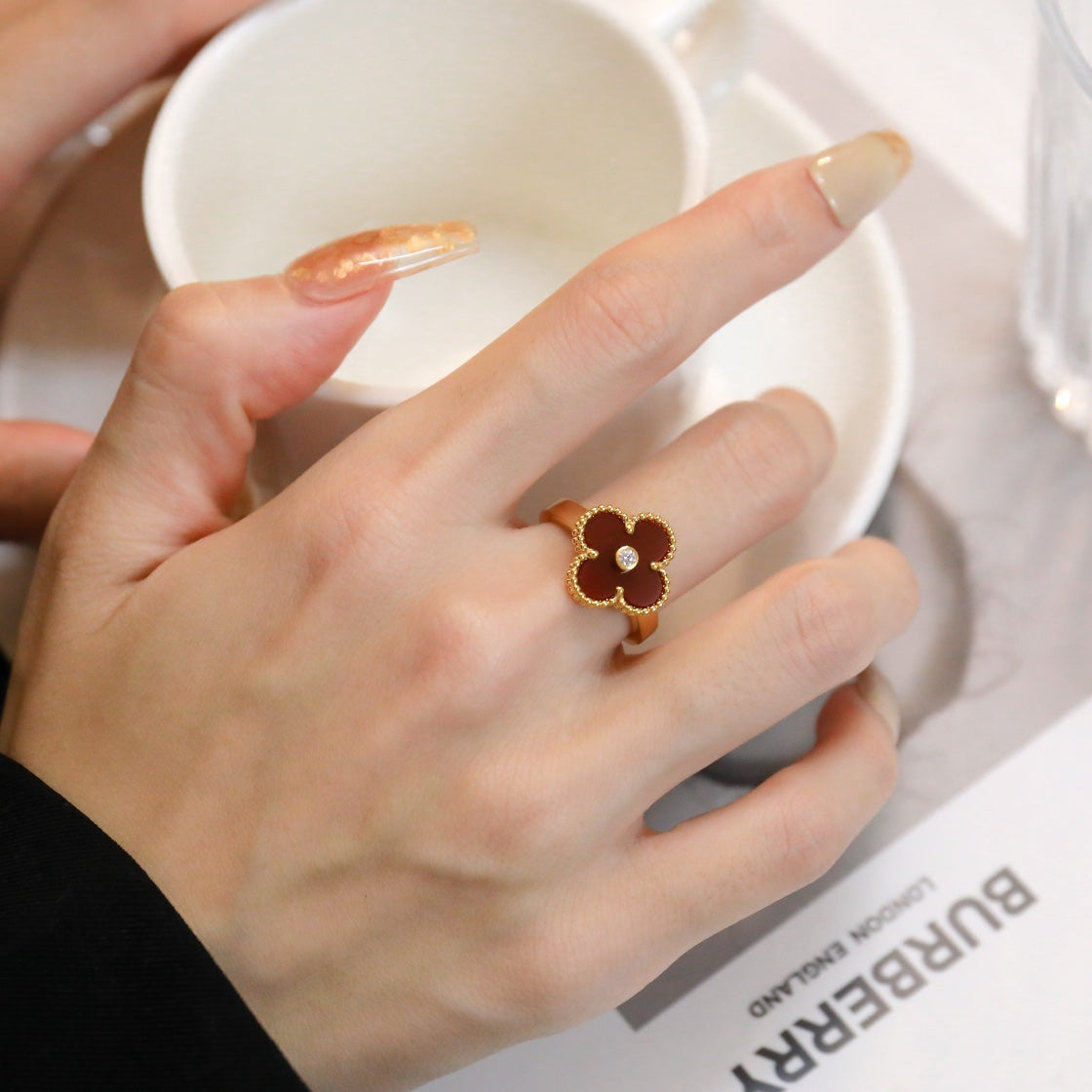 [BloomBling]CLOVER CARNELIAN RING ROSE GOLD DIAMOND