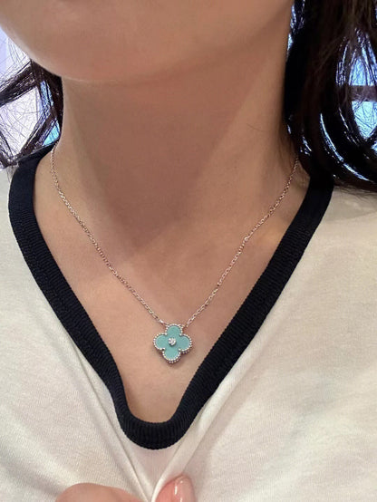 [BloomBling]CLOVER 1 DIAMOND LIGHT BLUE SILVER NECKLACE