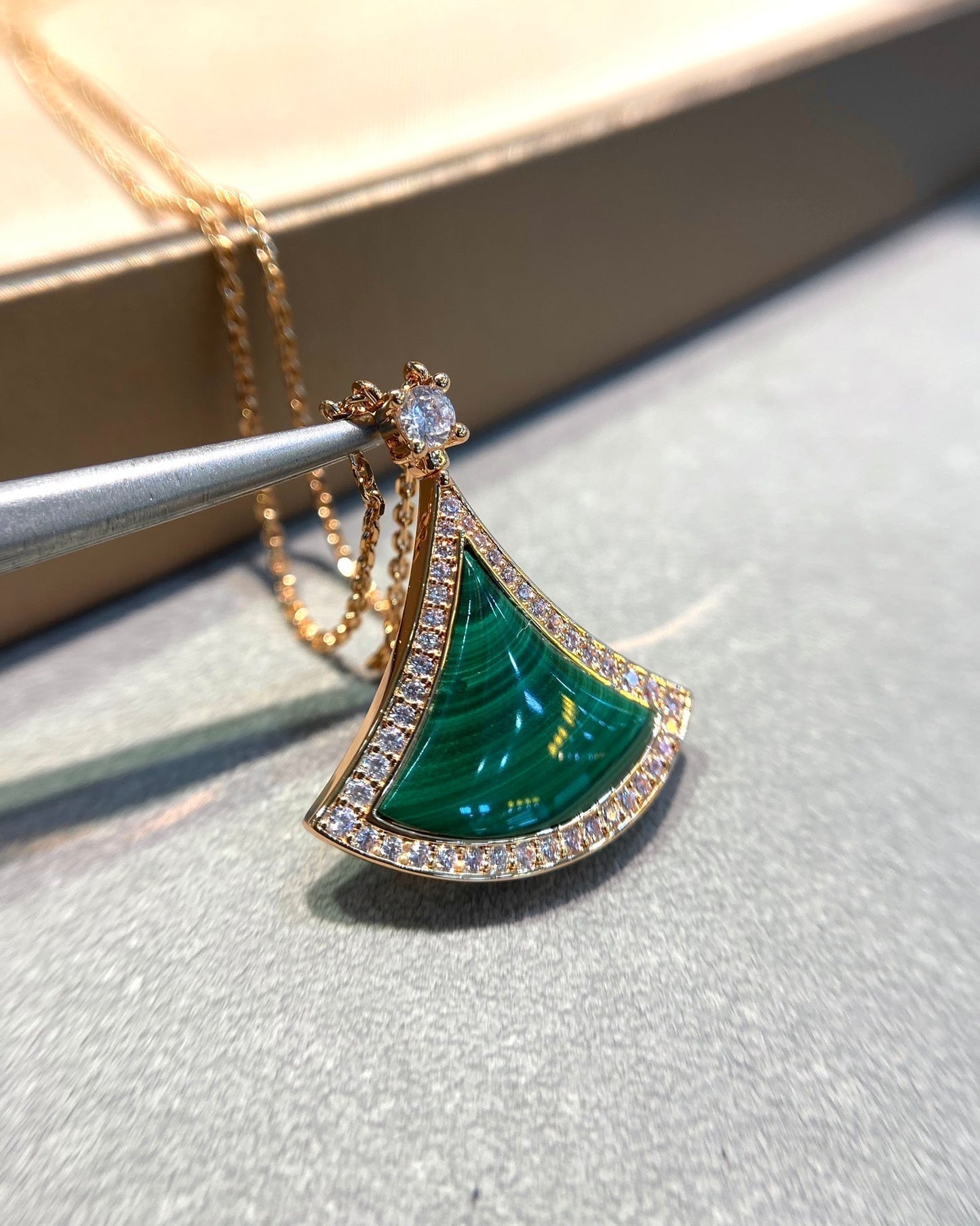 [BloomBling]DREAM MALACHITE DIAMOND PAVED PINK GOLD NECKLACE