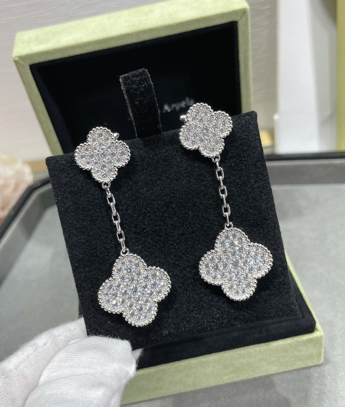 [BloomBling]CLOVER 2 MOTIFS DIAMOND PAVED SILVER EARRINGS