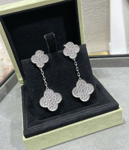[BloomBling]CLOVER 2 MOTIFS DIAMOND PAVED SILVER EARRINGS