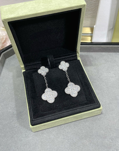 [BloomBling]CLOVER 2 MOTIFS DIAMOND PAVED SILVER EARRINGS