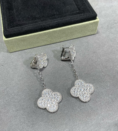 [BloomBling]CLOVER 2 MOTIFS DIAMOND PAVED SILVER EARRINGS