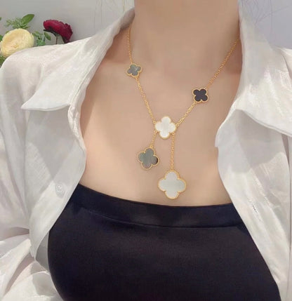 [BloomBling]CLOVER 6 MOTIF MOP ONYX GOLD NECKLACE