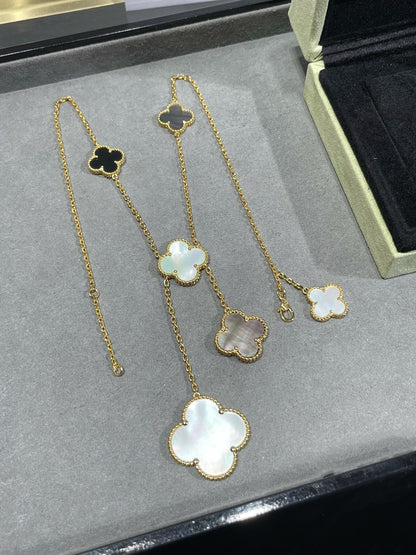 [BloomBling]CLOVER 6 MOTIF MOP ONYX GOLD NECKLACE