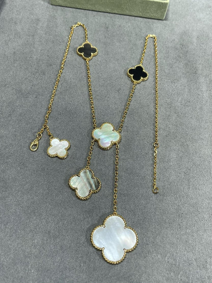 [BloomBling]CLOVER 6 MOTIF MOP ONYX GOLD NECKLACE