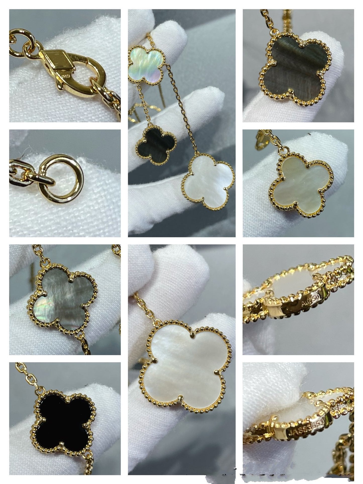 [BloomBling]CLOVER 6 MOTIF MOP ONYX GOLD NECKLACE