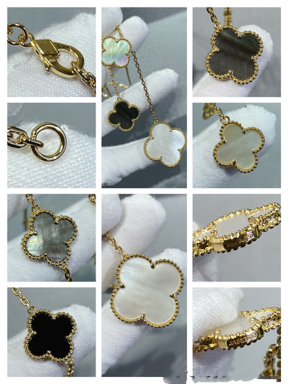 [BloomBling]CLOVER 6 MOTIF MOP ONYX GOLD NECKLACE
