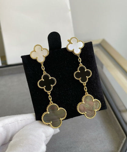 [BloomBling]CLOVER 3 MOTIF MOP ONYX DARK MOP PINK GOLD EARRINGS