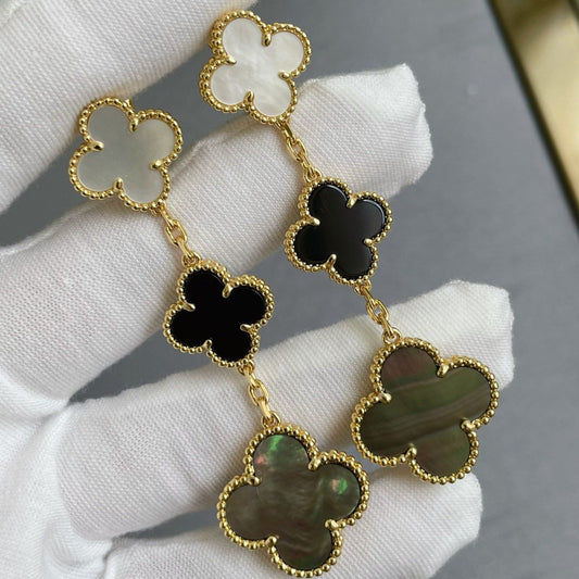 [BloomBling]CLOVER 3 MOTIF MOP ONYX DARK MOP PINK GOLD EARRINGS